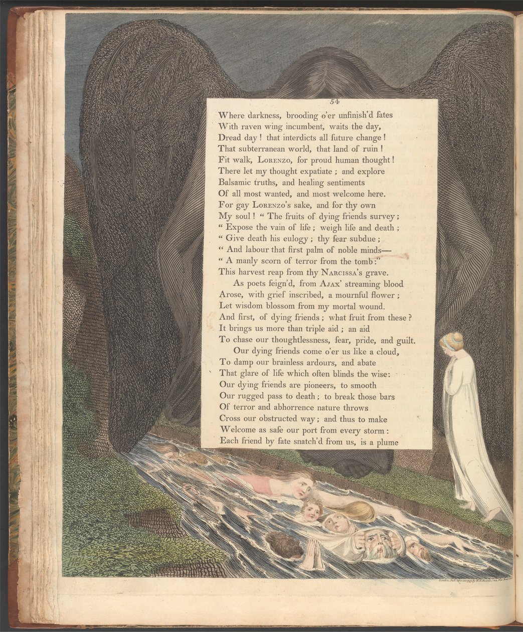 Young's Night Thoughts, side 54, "Dødens dal! den hush'd cimmerian vale" av William Blake
