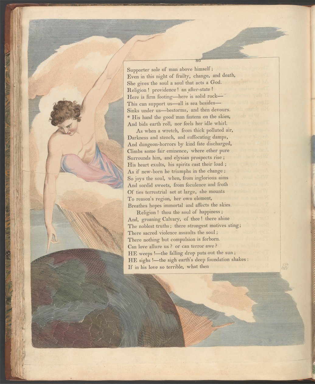 Young's Night Thoughts, side 86, "Hans hånd den gode mannen fester på himmelen" av William Blake