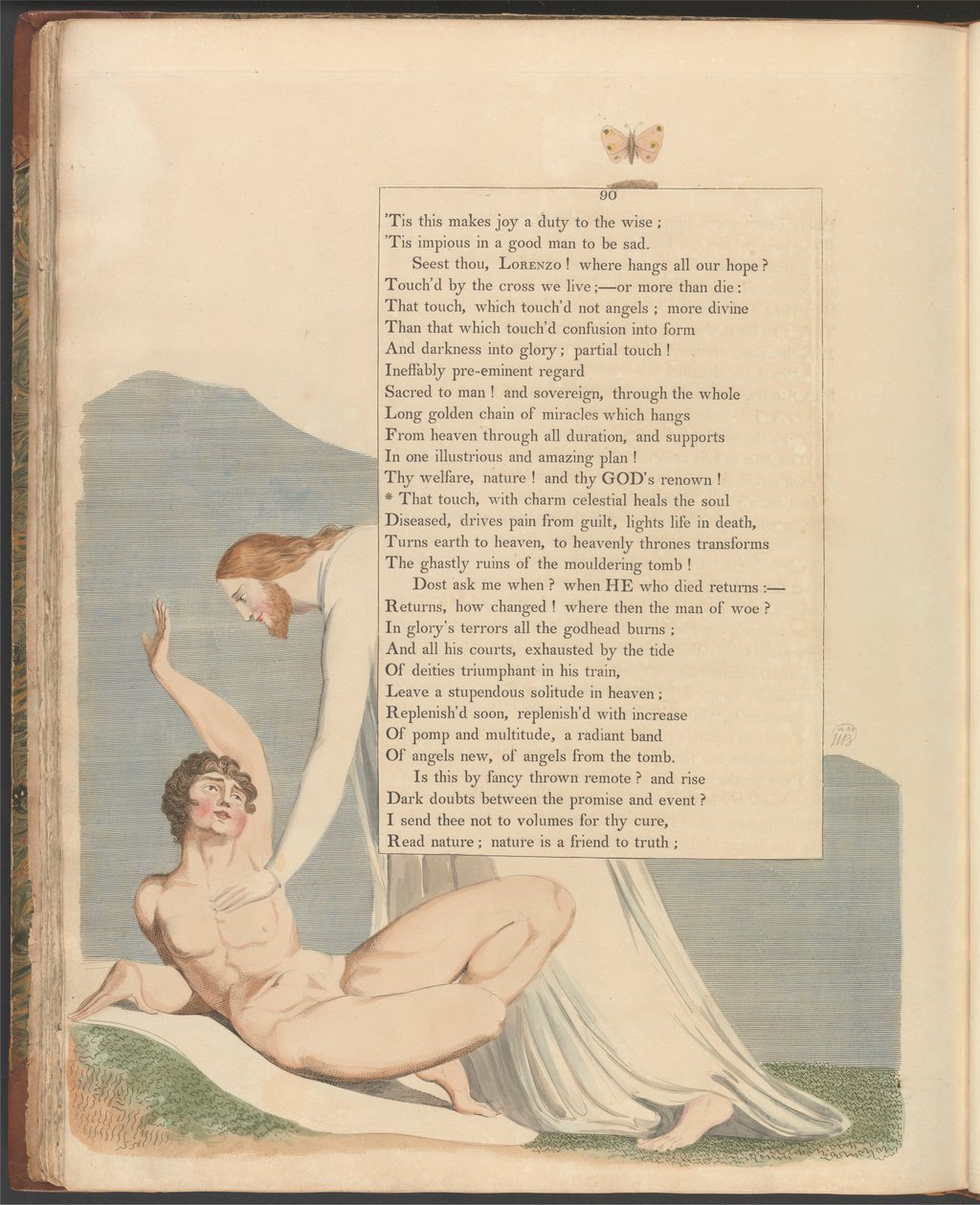 Young's Night Thoughts, side 90, "Den berøring, med himmelsk sjarm helbreder sjelen" av William Blake