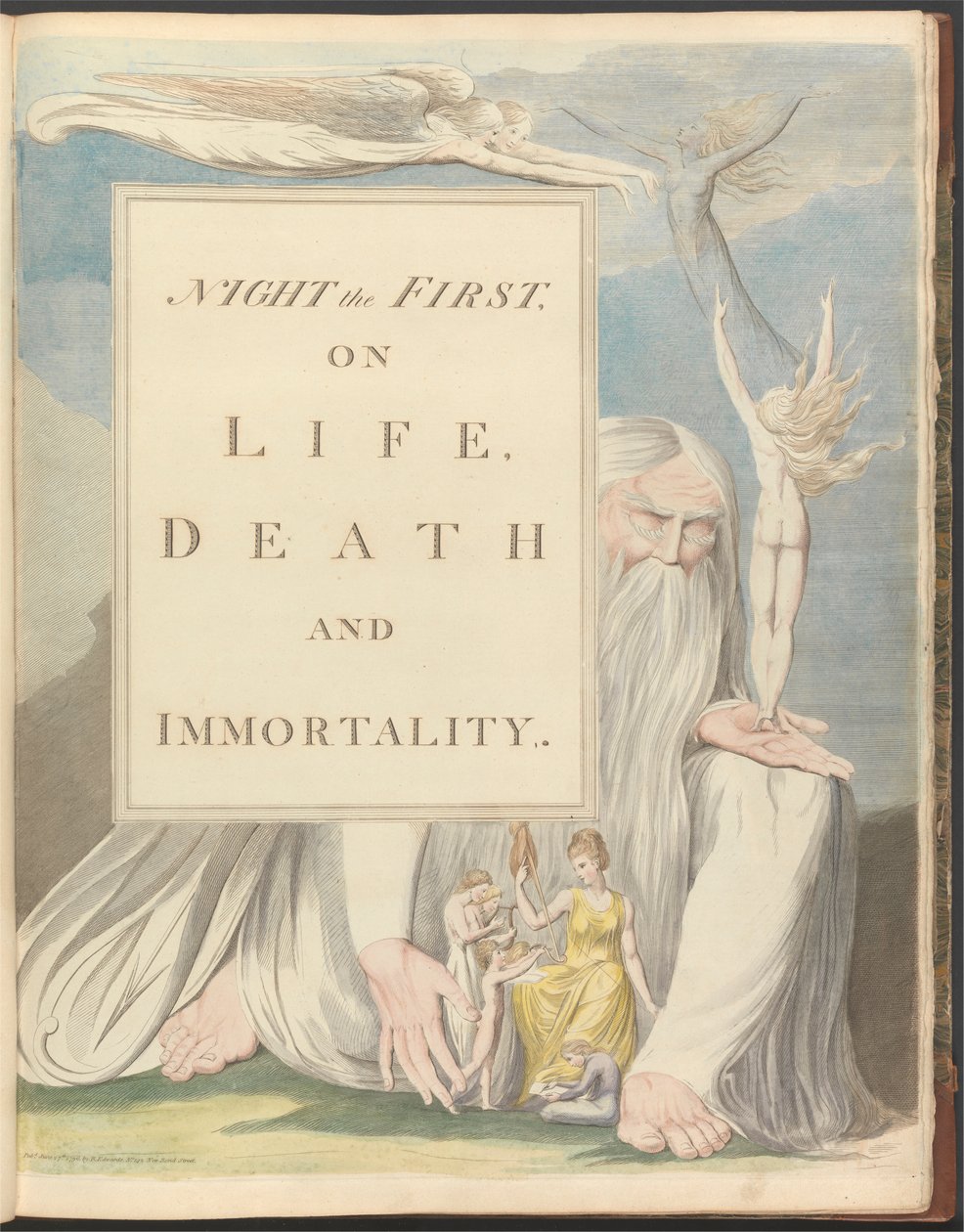 Youngs natttanker, tittelside, "Natt den første, om liv, død og udødelighet." av William Blake