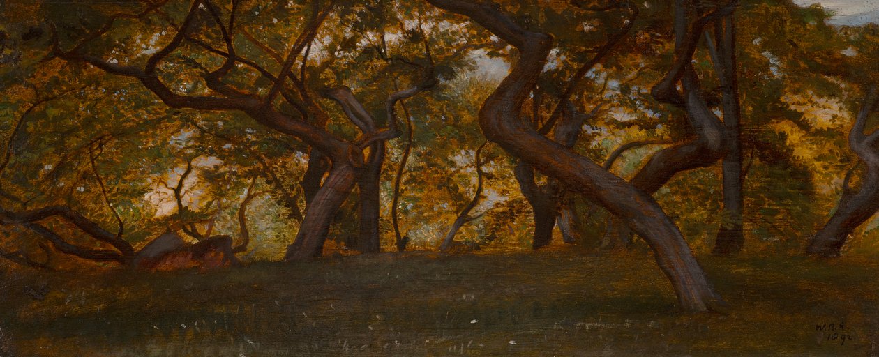 En skog nær Volterra, Italia (olje på panel) av William Blake Richmond