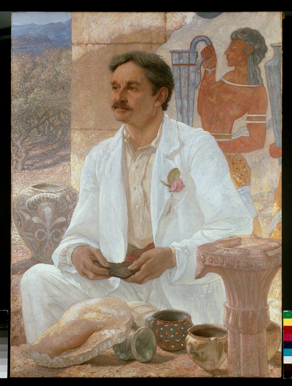 Sir Arthur Evans blant ruinene av Knossos-palasset av William Blake Richmond