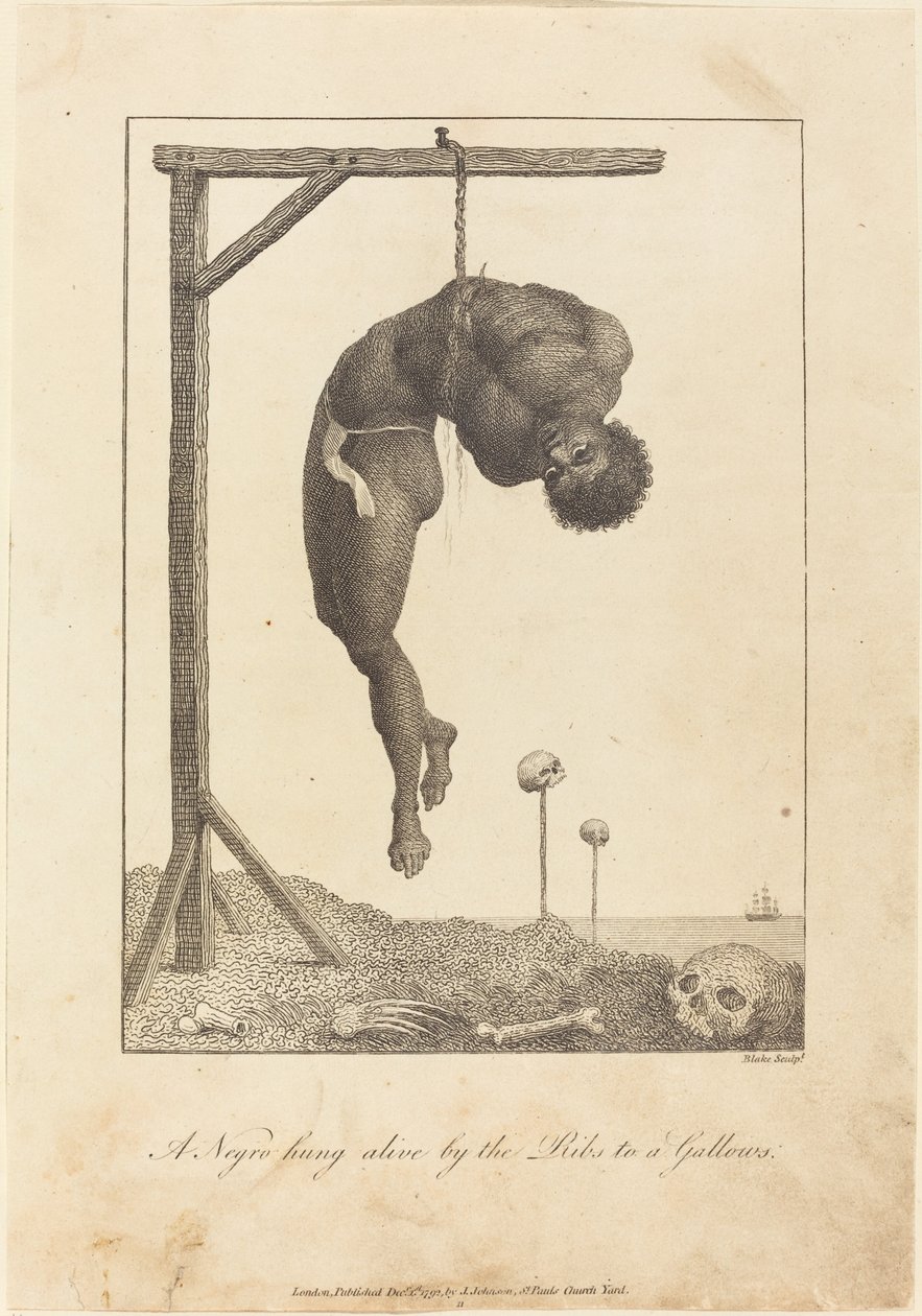 En neger hengt levende ved ribbeina til en galge av William Blake after John Gabriel Stedman