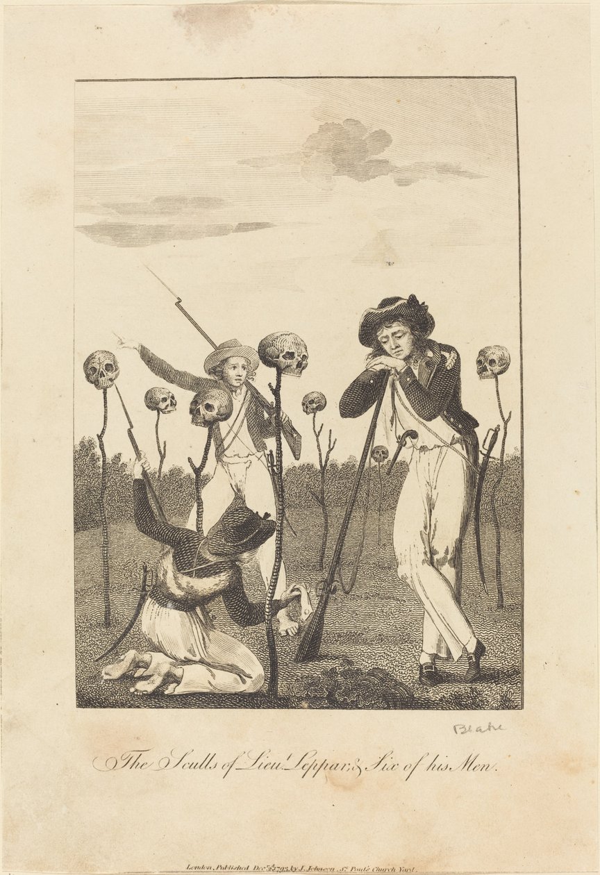 The Sculls of Lieut Leppar, & Six of his Men av William Blake after John Gabriel Stedman