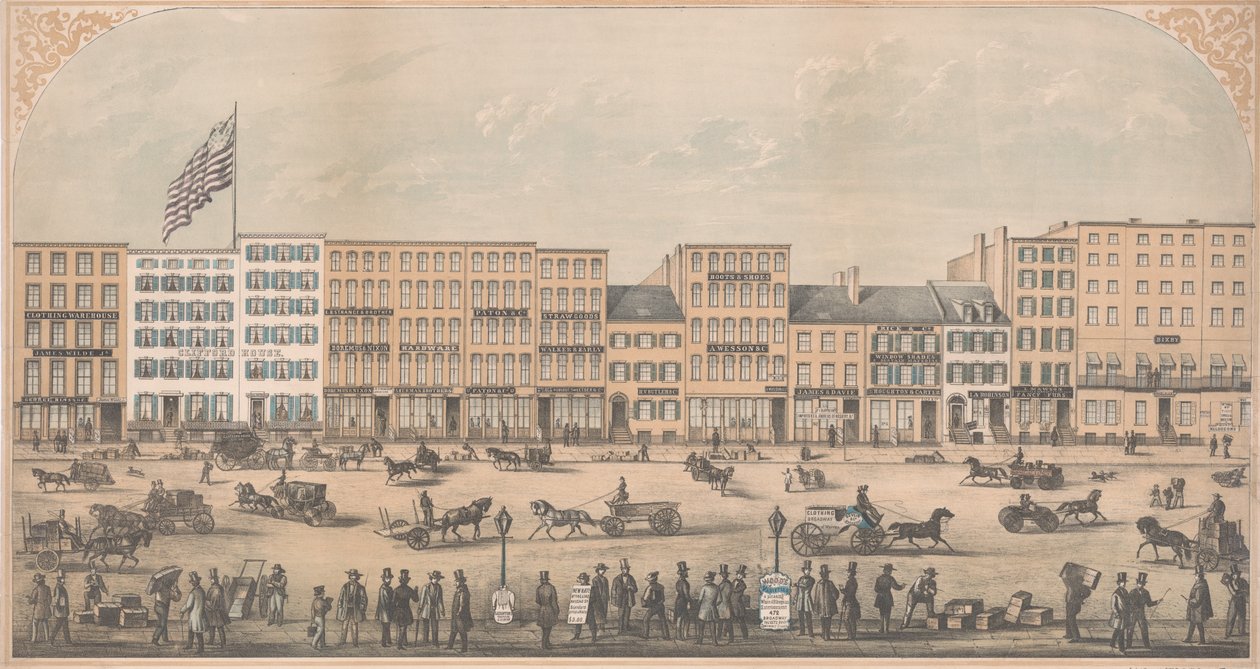 Utsikt over Park Place, New York, fra Broadway til Church Street, North Side, A.D. 1854, av William Boell