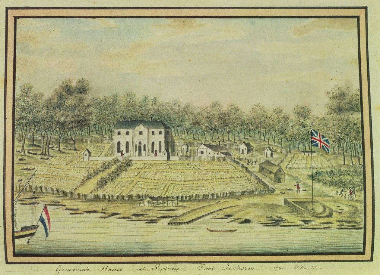 Guvernørens hus i Sydney, Port Jackson, 1791 av William Bradley