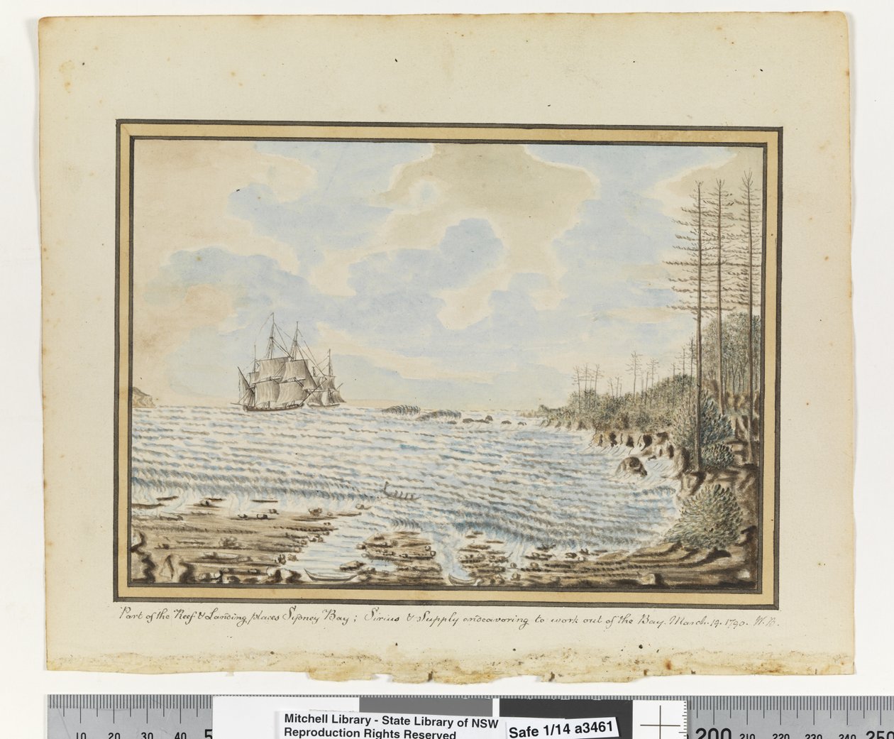 Opp. s. 194. `En del av Reef & Landing steder Sydney Bay; Sirius & Supply prøver å jobbe ut av bukten. 19. mars 1790