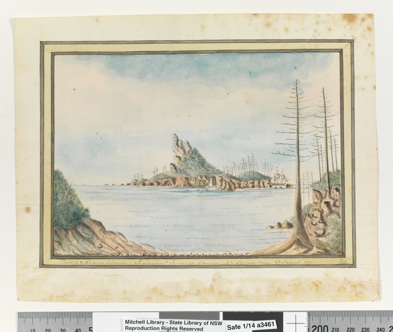 Opp. s. 211. `Philip & Nepean Islands. Justinian & Surprise står inn i Sydney Bay. 23. august 1790