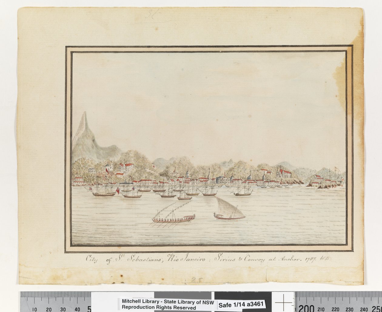 Opp. s. 37. `City of St. Sebastians, Rio Janeiro: Sirius & Convoy at Anchor. 1787
