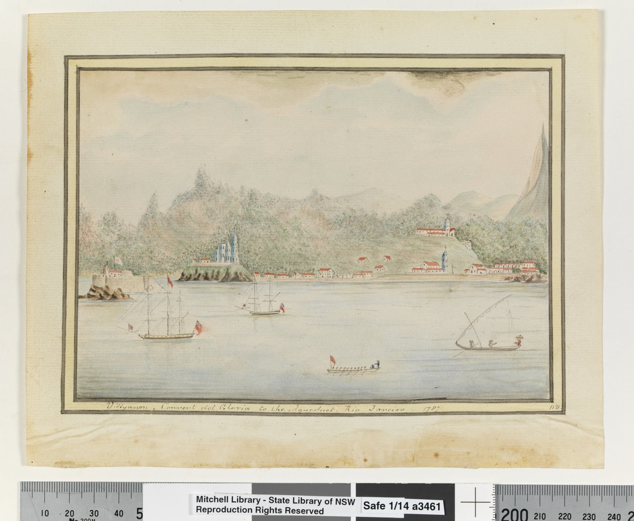 Opp. s. 37. `Villanon, klosteret del Gloria til akvedukten. Rio Janeiro 1787', ca. 1802 (akvarell) av William Bradley