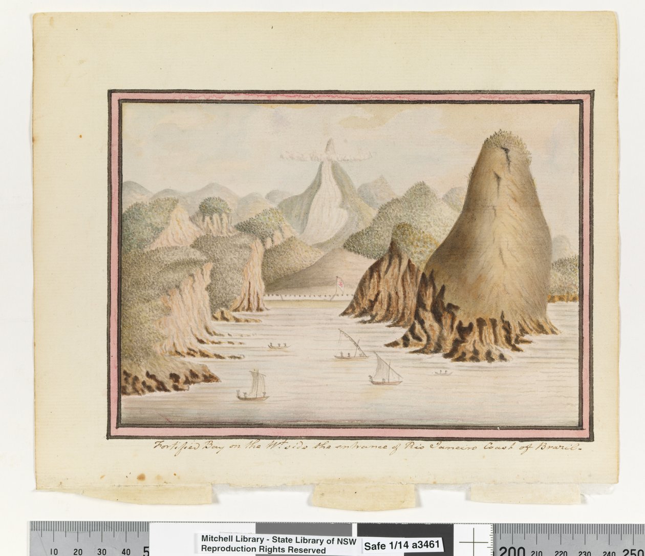 Opp. s. 38. `Fortified Bay på Wt-siden inngangen til Rio Janeiro Coast of Brazil', ca. 1802 (akvarell) av William Bradley