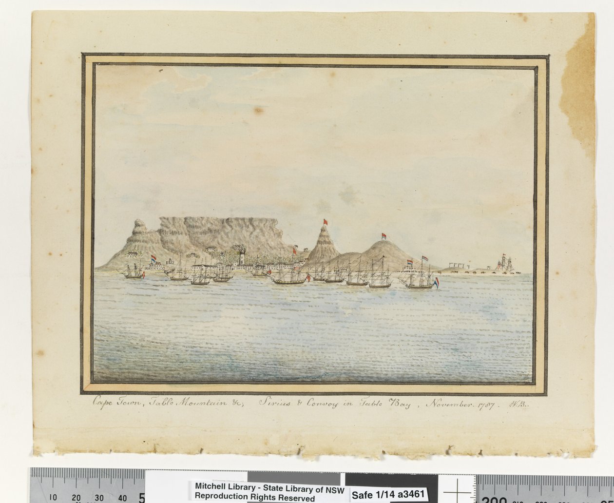 Opp. s. 46. `Cape Town, Table Mountain &c; Sirius & Convoy i Table Bay, november. 1787
