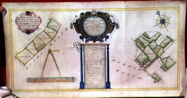 Arkiv 2420 Kart over Mease Place Farm i sognet Harrow, tilhørende New College, Oxford av William Brasier