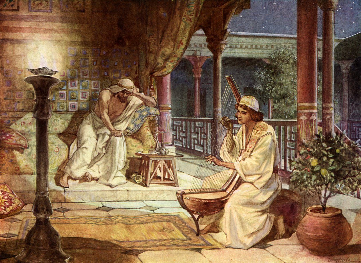 David spiller på harpe for Saul, - Bibelen av William Brassey Hole