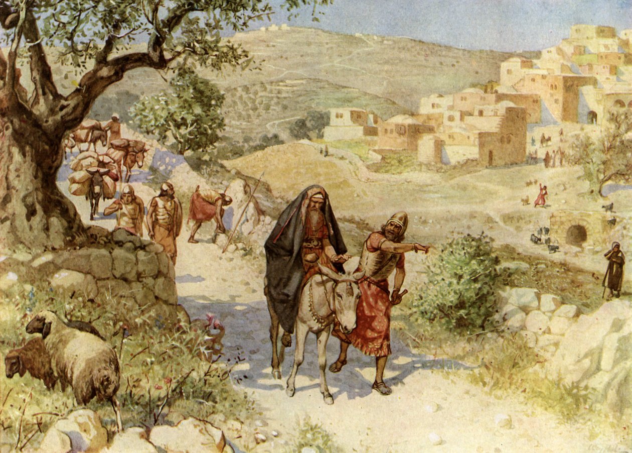 Kong David som flykter fra Jerusalem er forbannet av Shimei - Bibelen av William Brassey Hole