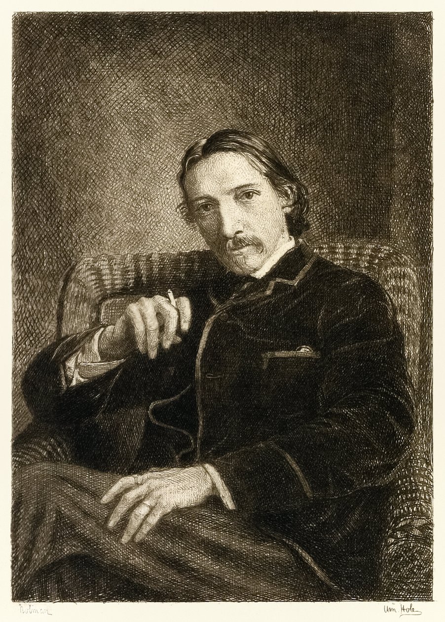 Robert Louis Stevenson (1850-1894) britisk forfatter mest kjent for sine bestselgende bøker Treasure Island, Kidnapped and the Strange Case of Dr Jekyll and Mr Hyde. Illustrasjon av William Brassey Hole (1 av William Brassey Hole