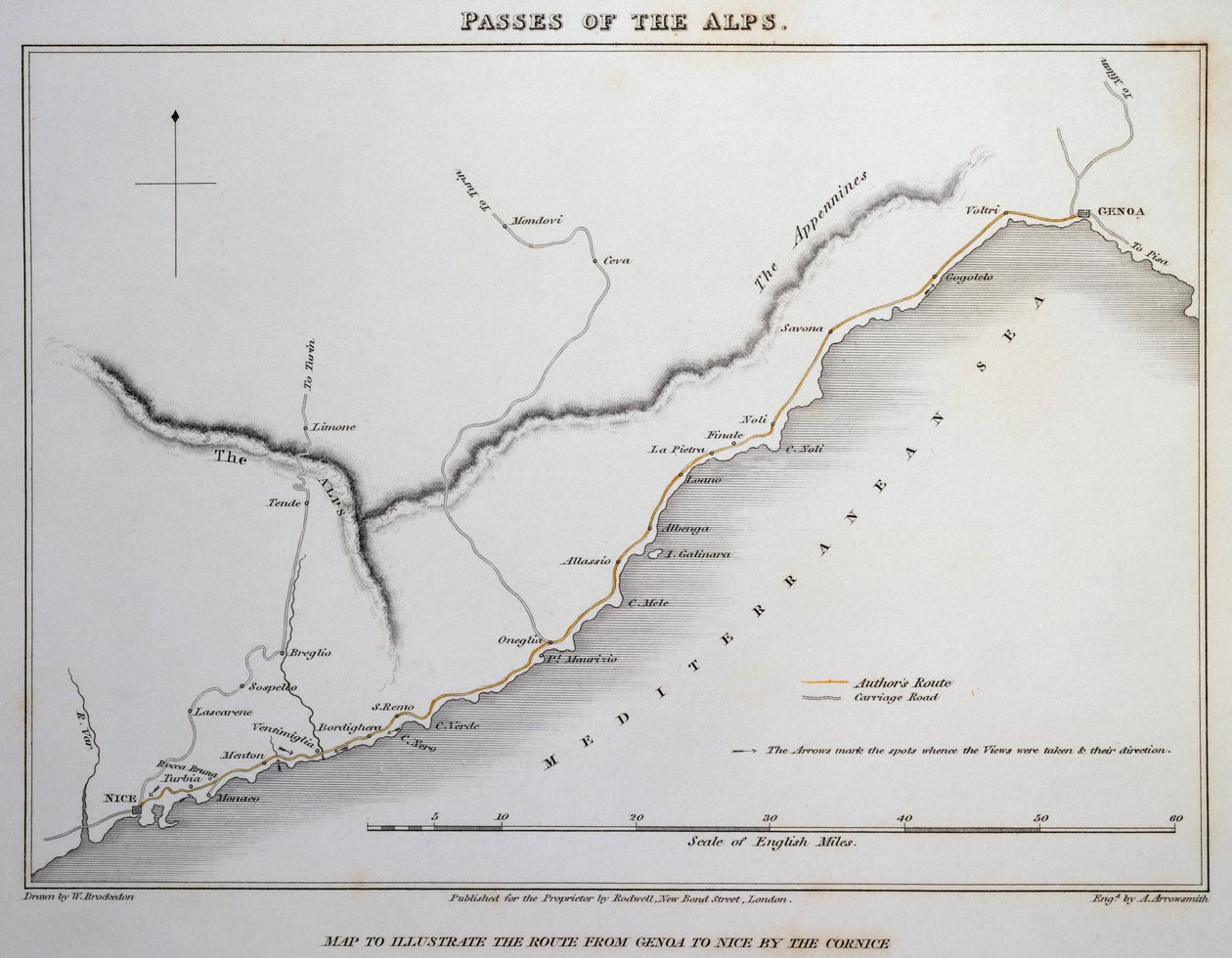 Kart over passeringer på de maritime alpene, kystveien mellom Genova og Nice, fra illustrasjoner av alpenes pass som Italia kommuniserer med Frankrike, Sveits og Tyskland, av William Brockedon (1787-1854), gravering på kobber, London av William Brockedon