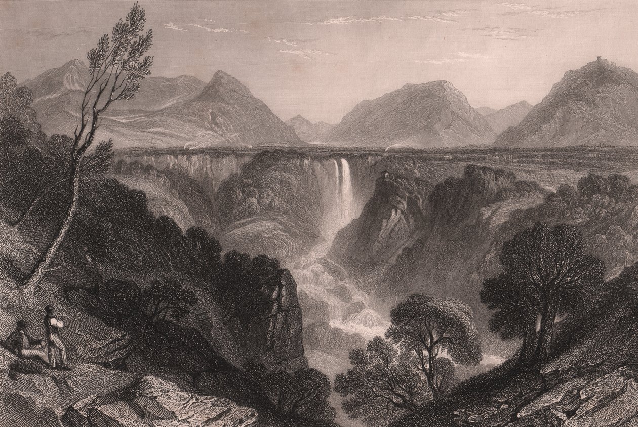 Utsikt over Marmores Falls (Cascata delle Marmore) nær Terni, Umbria, Italia, stålgravering av James Tibbitts Willmore (1800-1863) etter tegning av William Brockedon (1787-1854), ca. 23x18,5 cm av William Brockedon