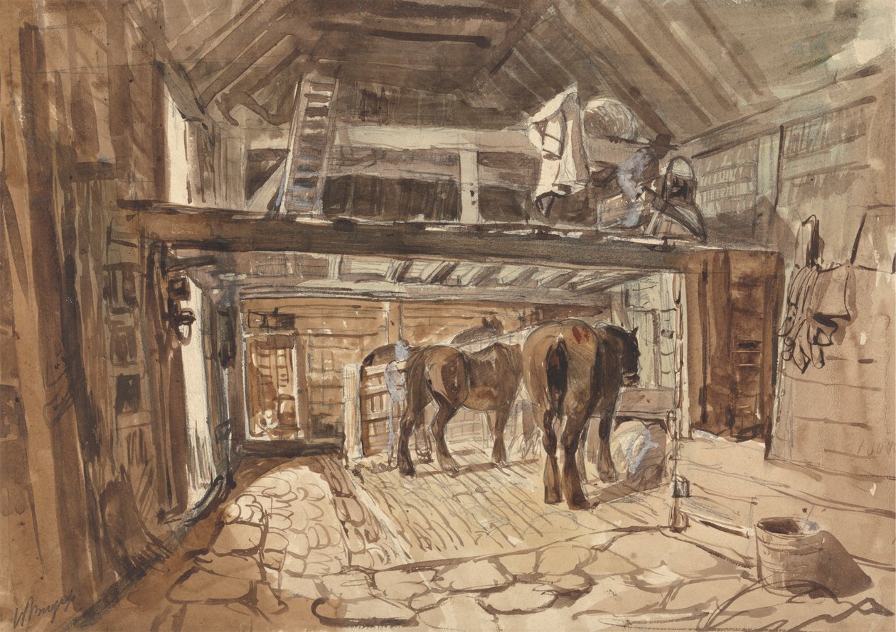 Interiør i en stall, med slepehester fôring av William Burgess