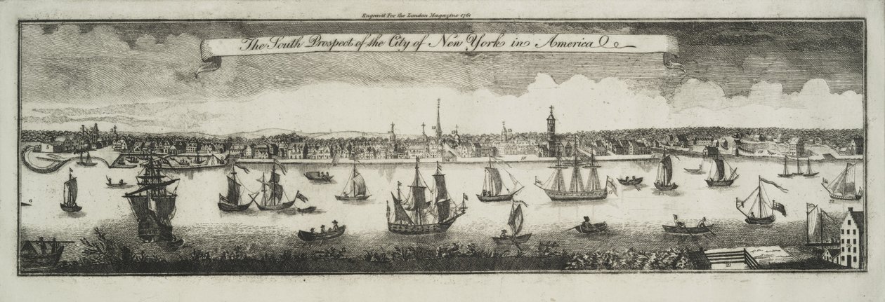Sørprospektet til byen New York, i Nord-Amerika, 1761 av William Burgis