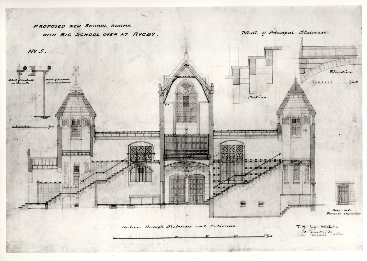 Detaljer om innganger, trapper, døråpning og rekkverk til ovnskammeret, (New Big School), Rugby School, 1844 (svart blekk, blyant og wc) av William Butterfield