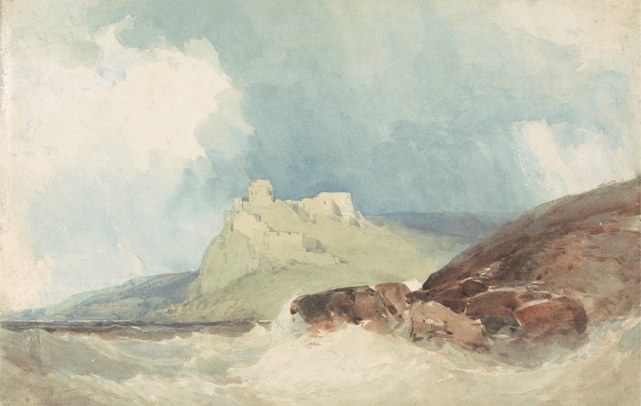 Slott på en klippe med stormfullt hav av William Callow
