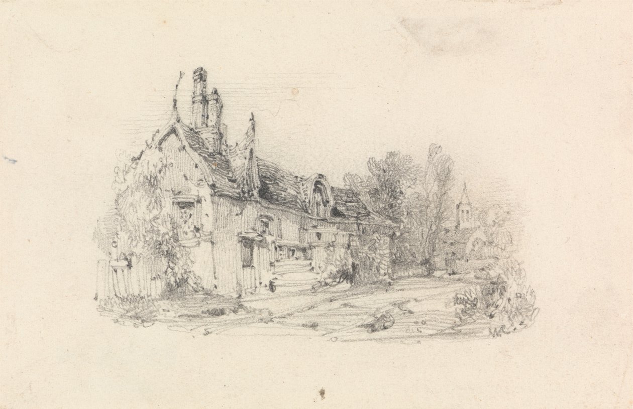 Våningshus med kirke i avstand av William Callow