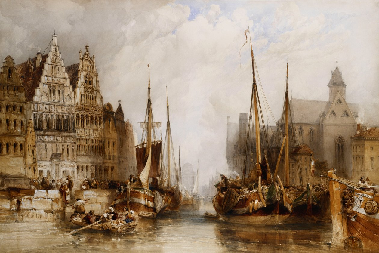 Husene til Franc Bateliers og St. Nicholas kirke ved kanalen i Gent, 1845 av William Callow