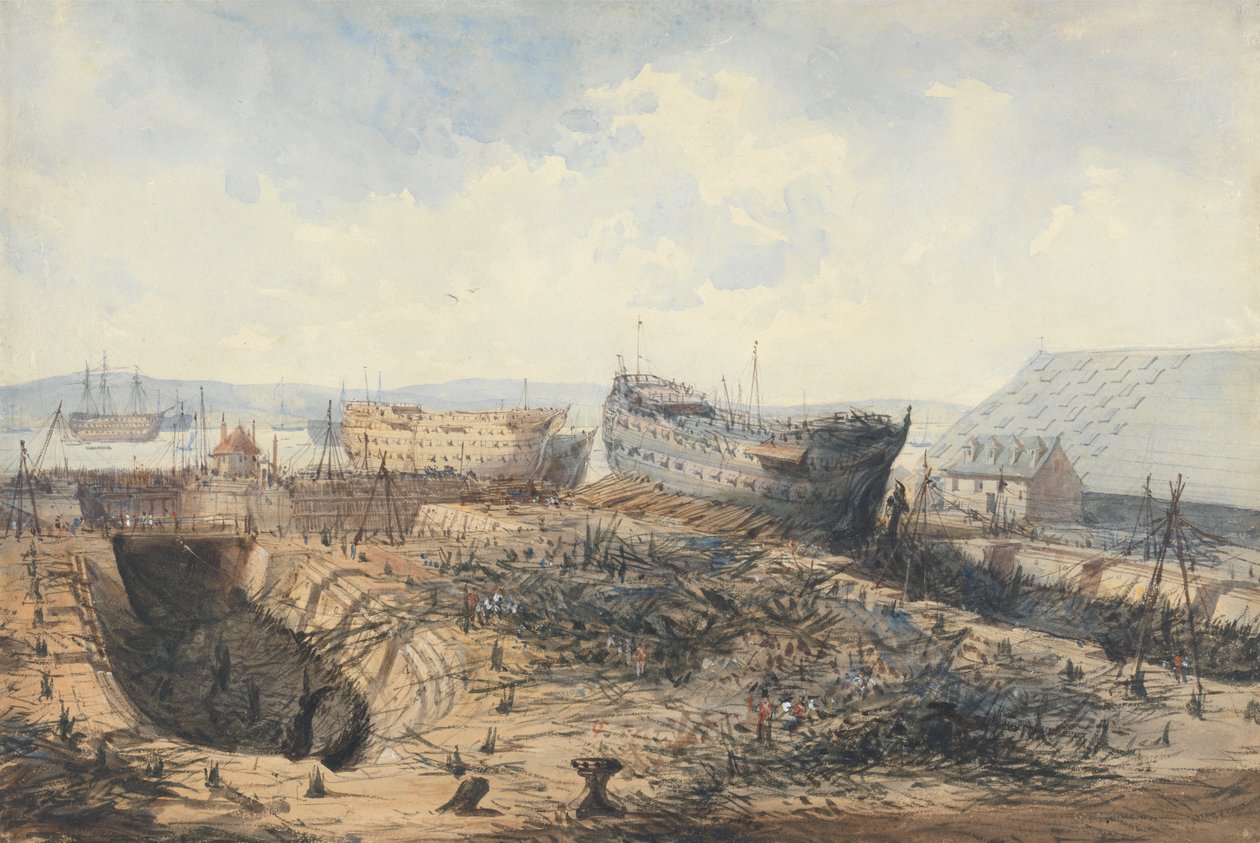 Plymouth Dockyard etter brannen av William Callow