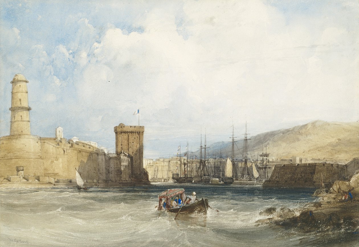 Inngangen til havnen i Marseille, ca. 1838 av William Callow
