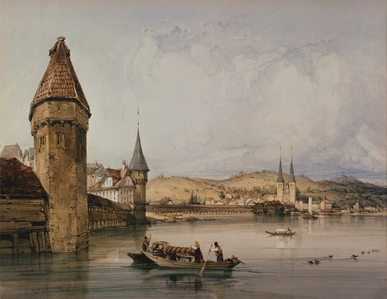 Byen Luzern, ved innsjøen Quatre Cantons av William Callow