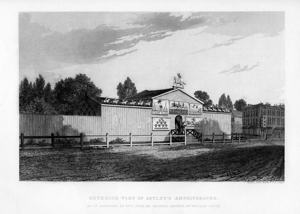 Utvendig utsikt over Astleys Amphitheatre i London slik det så ut i 1777, 1840 av William Capon