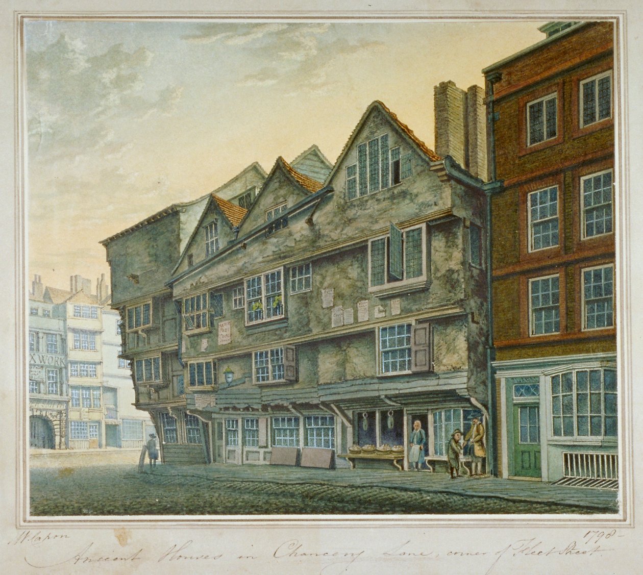 Hus på hjørnet av Chancery Lane og Fleet Street, City of London, 1798 av William Capon