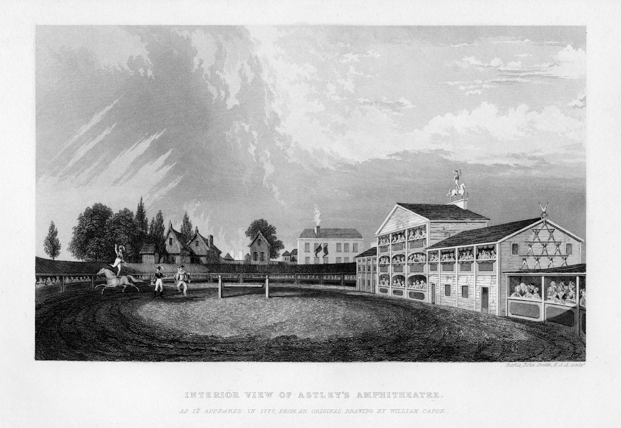 Innvendig utsikt over Astleys Amphitheatre i London slik det så ut i 1777, 1840. av William Capon