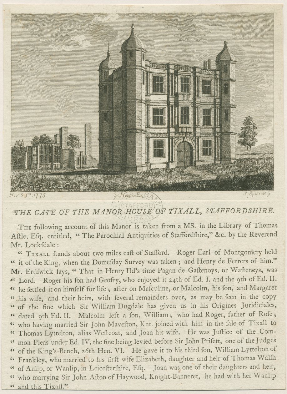 Tixall Hall - Gatehouse: gravering, nd [c 1813] (trykk) av William Carter