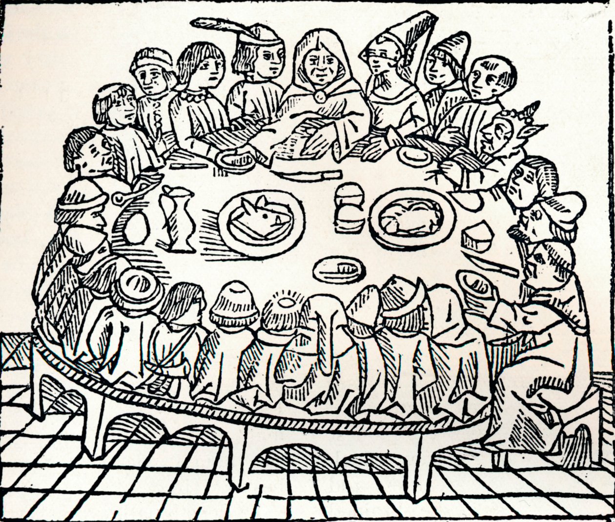 Canterbury-pilegrimene setter seg ned for et felles måltid, 1485 av William Caxton
