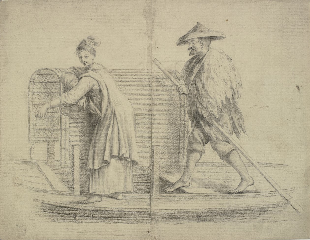Kinesisk scene. Mann og kvinne på en elvebåt av William Chambers
