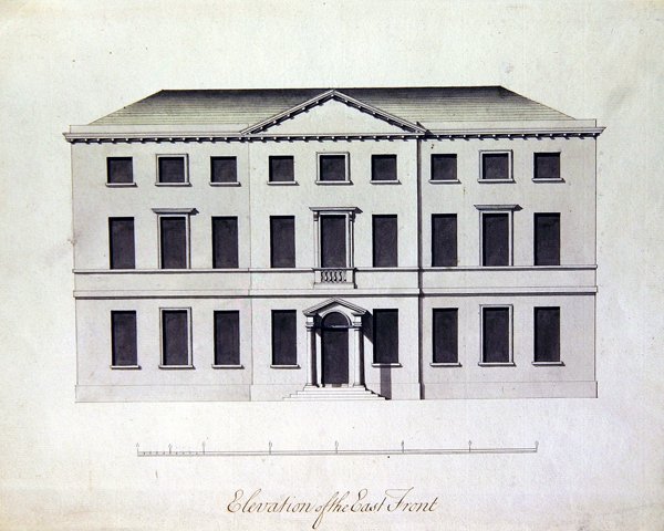 Design for Enville Hall i Staffordshire, ca. 1770 (penn og blekk med gråblå vasker) av William Chambers