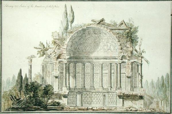 Design for et ødelagt mausoleum for prinsen av Wales (1738-1820) 1752 (penn, blekk og akvarell på papir) av William Chambers