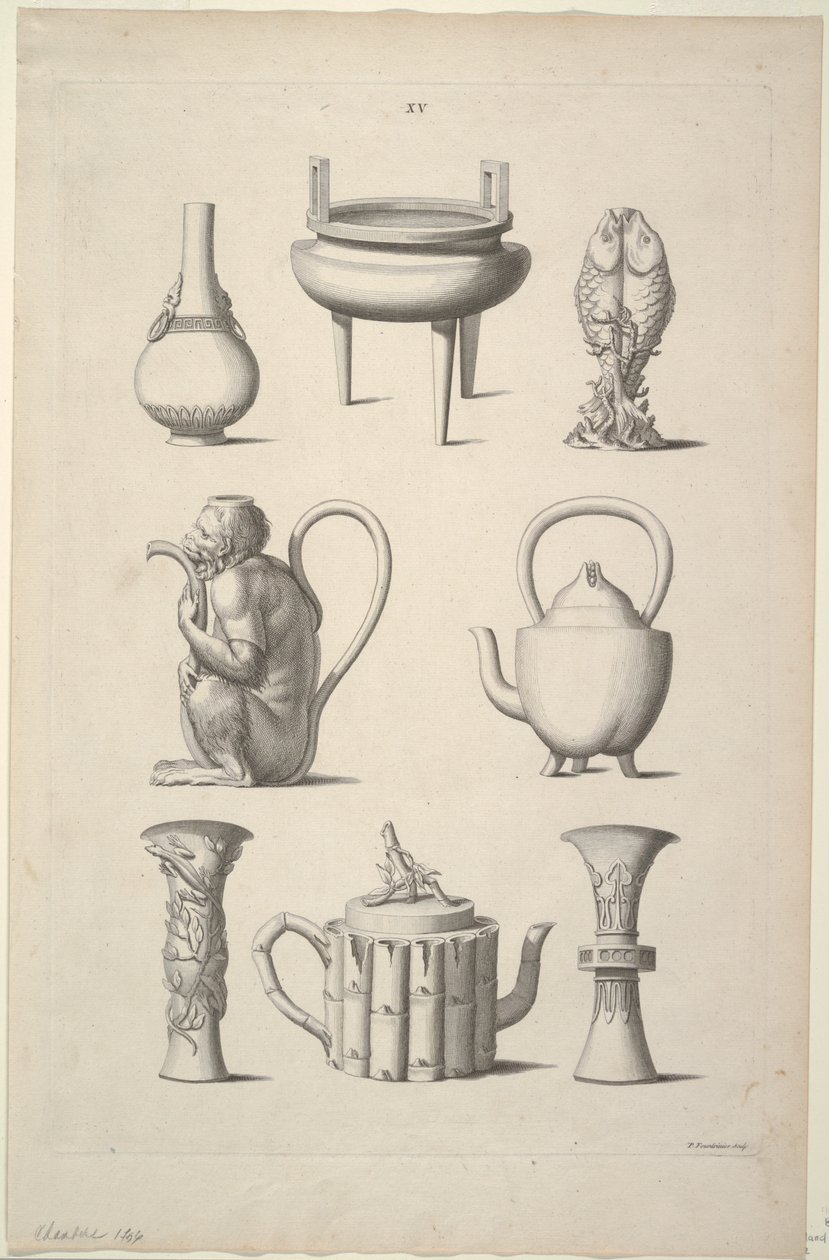 Design for servise, plate XV med design av kinesiske bygninger, møbler, kjoler, maskiner og redskaper. av William Chambers