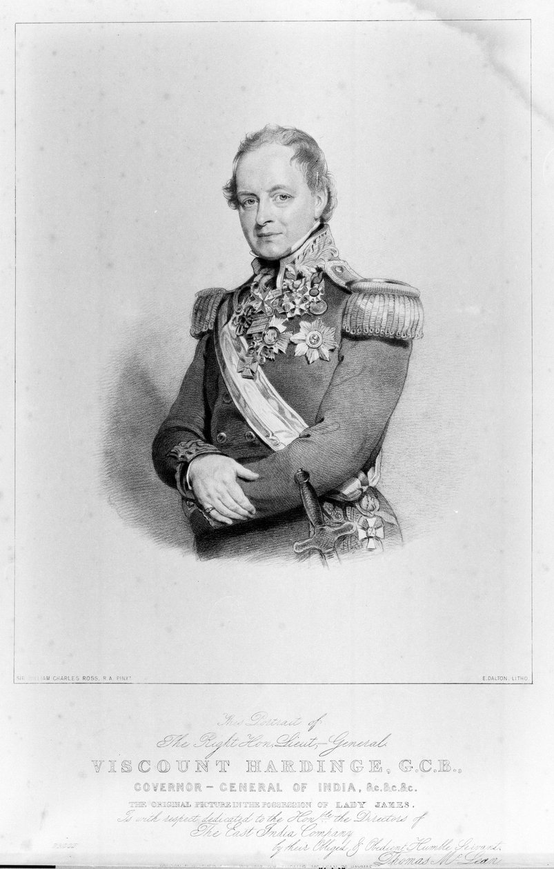 The Right Hon General Lieut-General Viscount Hardinge, GCB, generalguvernør i India av William Charles (after) Ross