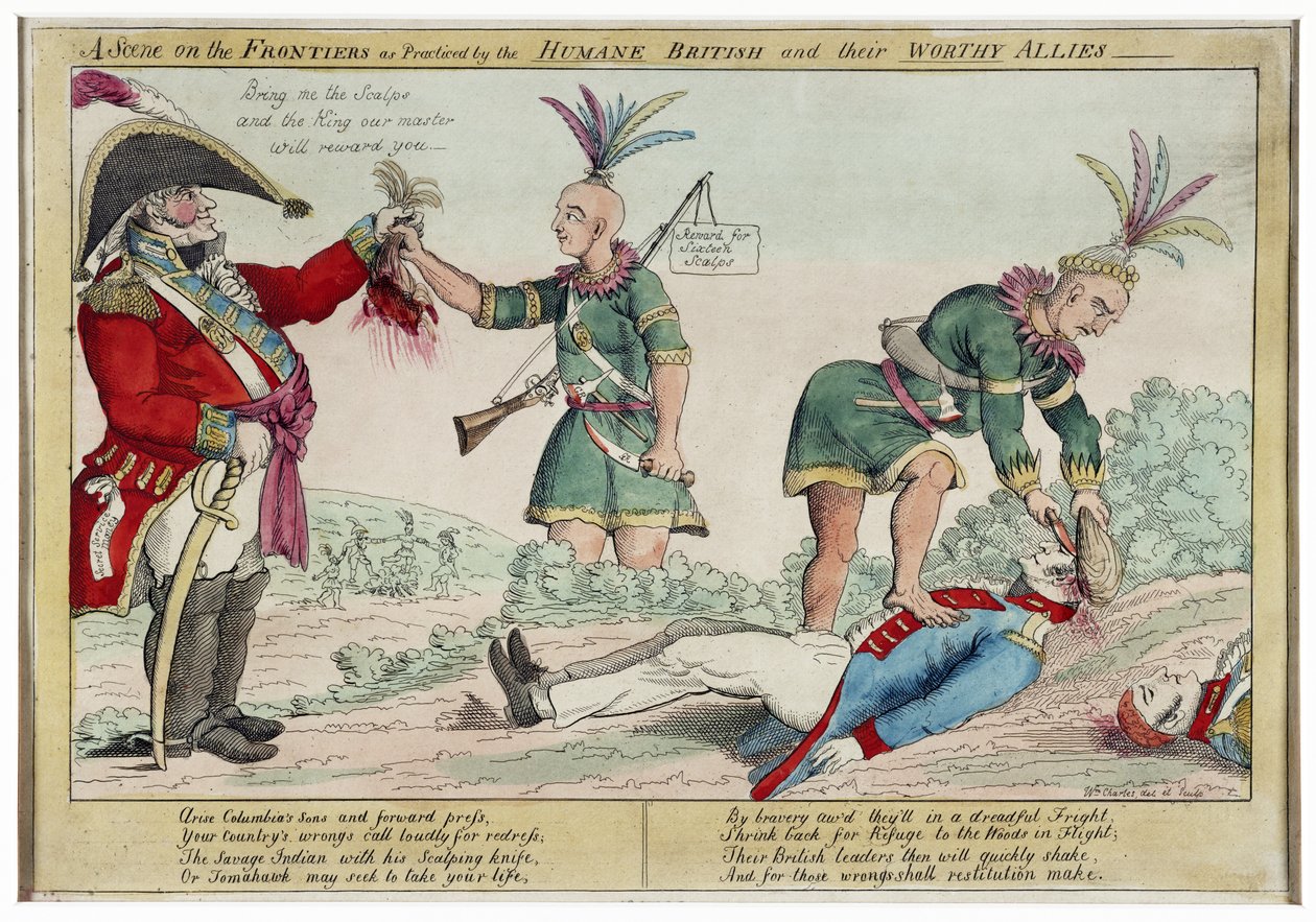 A Scene on the Frontiers som praktisert av de humane britene og deres verdige allierte, pub. 1812 (håndfarget gravering) av William Charles
