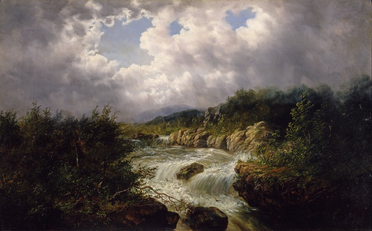 The Falls of Tamahaka, Cherokee County, North Carolina, ca. 1860-70 (olje på lerret) av William Charles Anthony Frerichs
