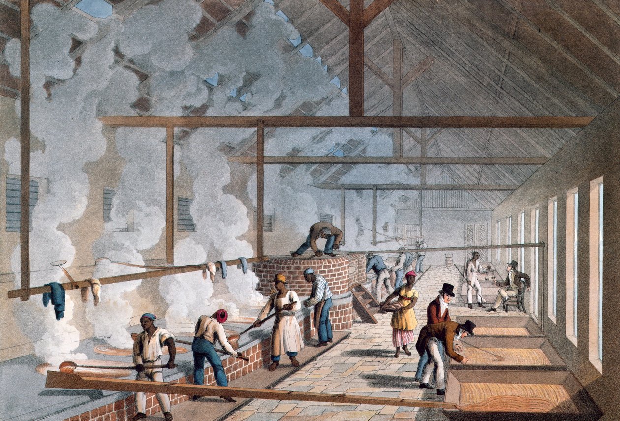 - Interiør av et kokende hus på en sukkerplantasje i "Ten Views in the Island of Antigua, som er representert prosessen med sukkerproduksjon og ansettelse av negrene"" av William Clark. 1823. av William Clark