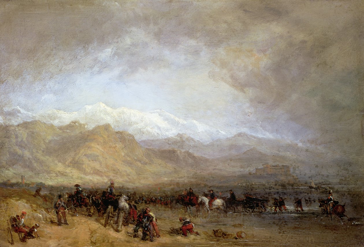 Franske tropper som vader Magra (olje på mølleplate) av William Clarkson Stanfield