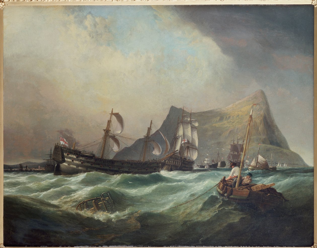 Neptun, tauing av seieren inn i Gibraltar havn etter slaget ved Trafalgar av Clarkson Frederick Stanfield