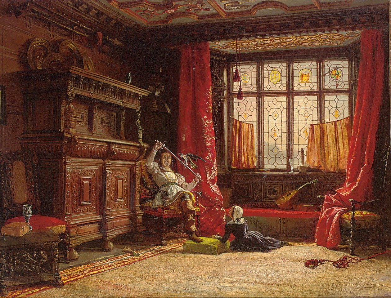 En kavaler i et mørklagt indre, en fugl på sverdet, 1843 av William Collingwood