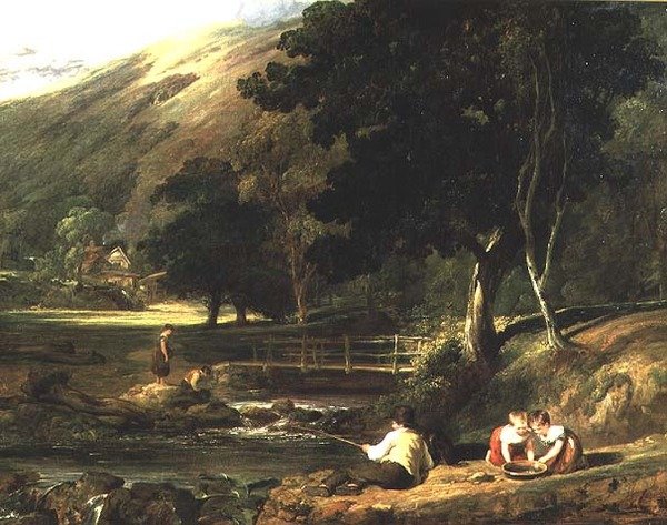 Borrowdale, Cumberland, med barn som leker ved en strøm av William Collins