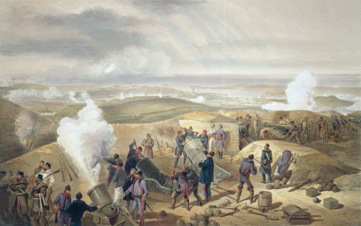 A Hot Day in the Batteries, tallerken fra "The Seat of War in the East", pub. av Paul und Dominic Colnaghi und Co., 1856 av William Crimea Simpson