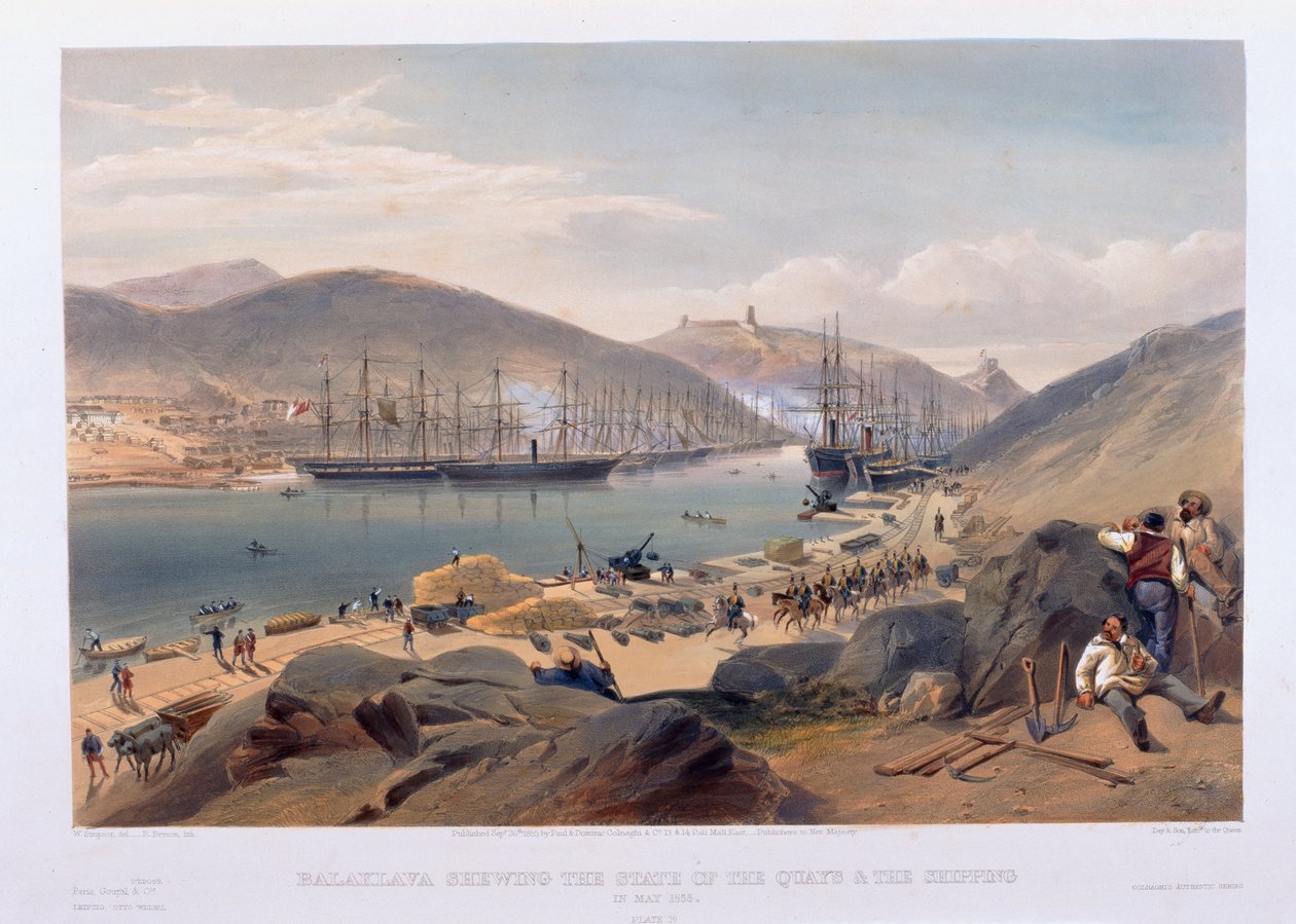 Balaklava som viser tilstanden til kaiene og skipsfarten i mai 1855 av William Crimea Simpson